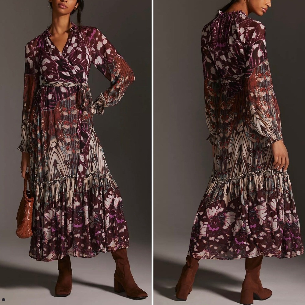 Anthropologie Butterfly Print Wrap Midi Dress Long Sleeve Ruffle Neck Belted XSP